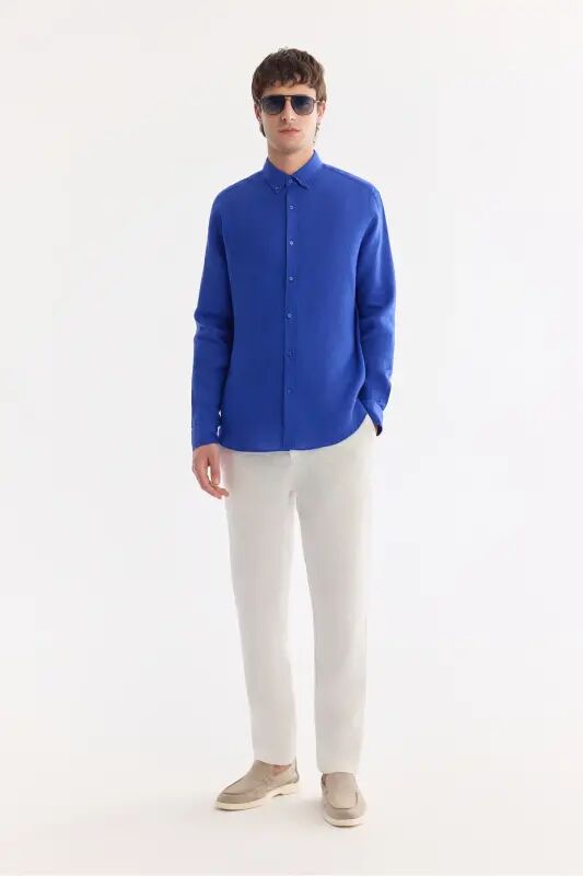 Erkak Saks Comfort Fit 100% Zig'ir Tugmali Yoqali Ko'ylak B002191-Saks - 7