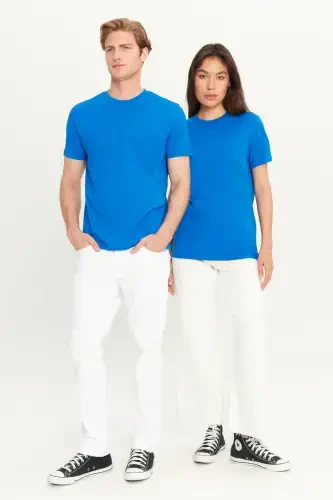 Erkak Saks Moviy 100% Paxta Slim Fit Tor Kisim Velosiped Yoqali Basic Futbolka-Saks Moviy - 11