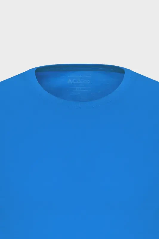 Erkak Saks Moviy 100% Paxta Slim Fit Tor Kisim Velosiped Yoqali Basic Futbolka-Saks Moviy - 12