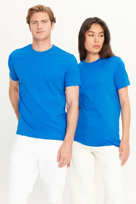 Erkak Saks Moviy 100% Paxta Slim Fit Tor Kisim Velosiped Yoqali Basic Futbolka-Saks Moviy - 7