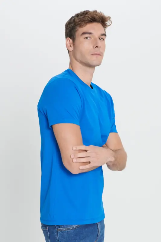 Erkak Saks Moviy 100% Paxta Slim Fit Tor Kisim Velosiped Yoqali Basic Futbolka-Saks Moviy - 9