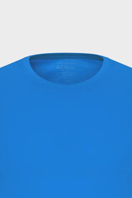 Erkak Saks Moviy 100% Paxta Slim Fit Tor Kisim Velosiped Yoqali Basic Futbolka-Saks Moviy - 12