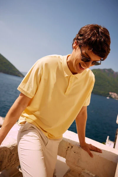 Erkak sariq %100 paxta egilmaydigan pike polo yoqali slip - 7