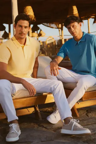 Erkak sariq %100 paxta egilmaydigan pike polo yoqali slip - 4