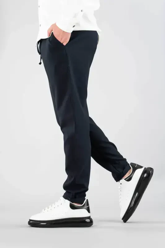 Erkak Shim Ko'k Bel Qismi Rezinkali Slim Fit Elastik Likrali Asosiy Paxtali Jogger-Neft - 4