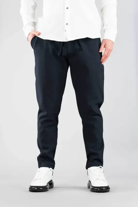 Erkak Shim Ko'k Bel Qismi Rezinkali Slim Fit Elastik Likrali Asosiy Paxtali Jogger-Neft - 5