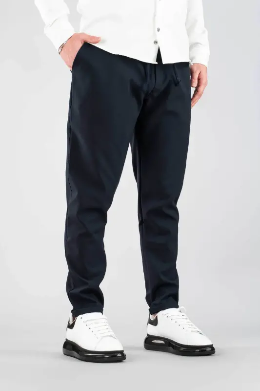 Erkak Shim Ko'k Bel Qismi Rezinkali Slim Fit Elastik Likrali Asosiy Paxtali Jogger-Neft - BOMBE