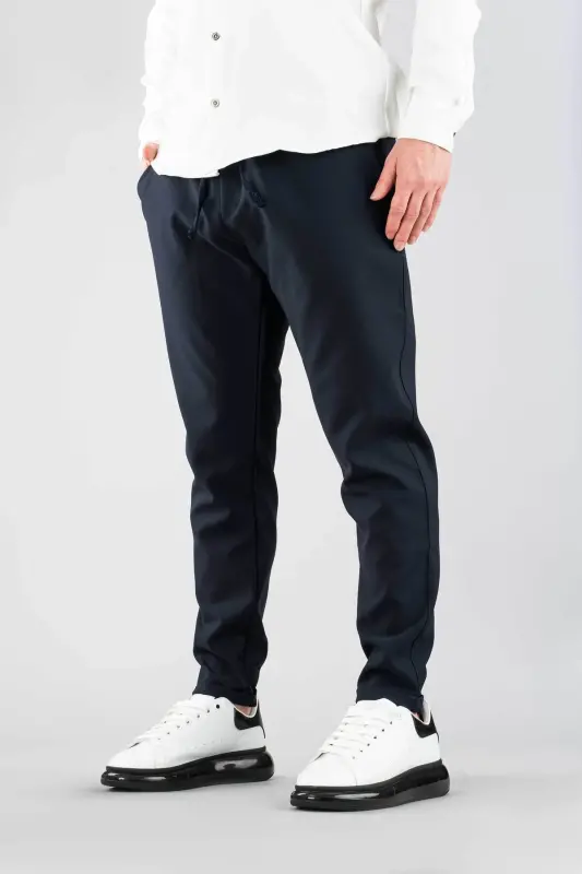 Erkak Shim Ko'k Bel Qismi Rezinkali Slim Fit Elastik Likrali Asosiy Paxtali Jogger-Neft - 6