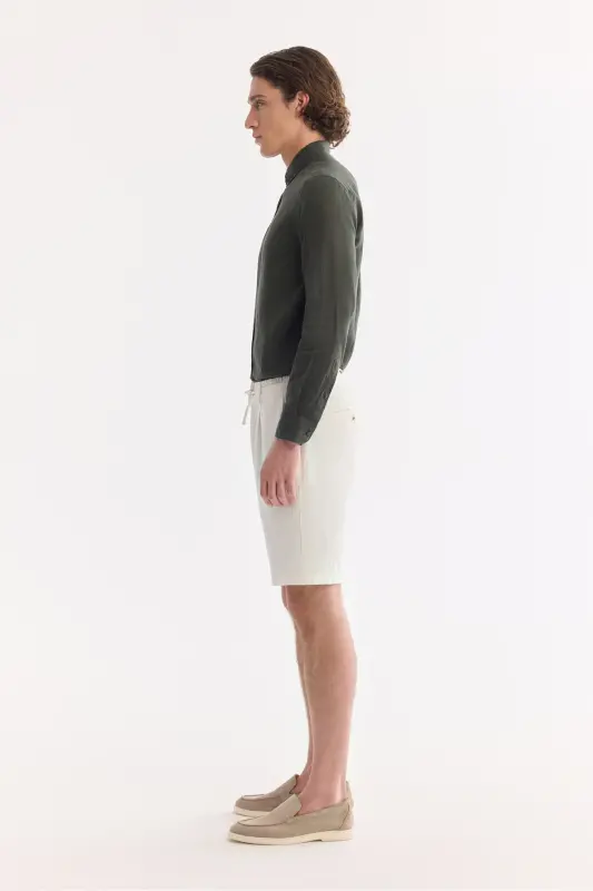 Erkak Singan Bo'sh Fit Oq Belli Rezinkali Teksturali Teos Short B003731-Singan Oq - 3