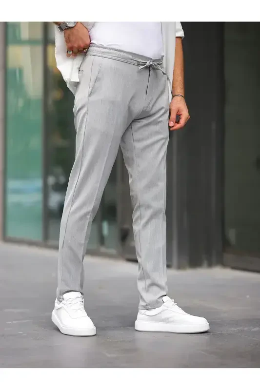 Erkak Slim Fit Mato Jogger Likrali Va Beli Rezinkali-OCHIQ KULRANG - 2