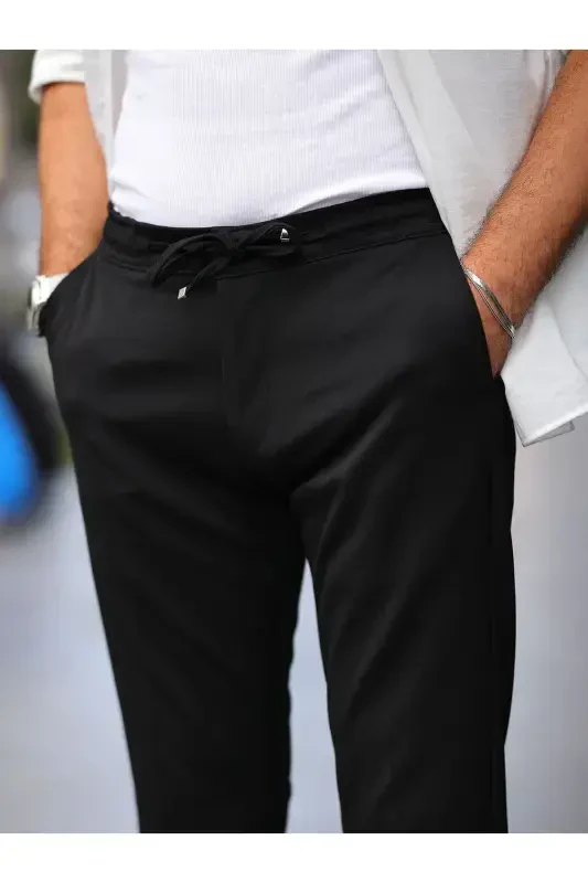 Erkak Slim Fit Mato Premium Jogger Likrali Va Beli Rezinkali-QORA - 3