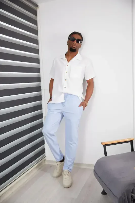 Erkak Slım Fıt Moviy Jogger Shim Double Paça Yuqori Sifatli Naqshli Mato Likralı-Moviy - 4