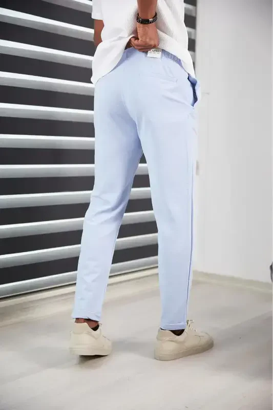 Erkak Slım Fıt Moviy Jogger Shim Double Paça Yuqori Sifatli Naqshli Mato Likralı-Moviy - 6