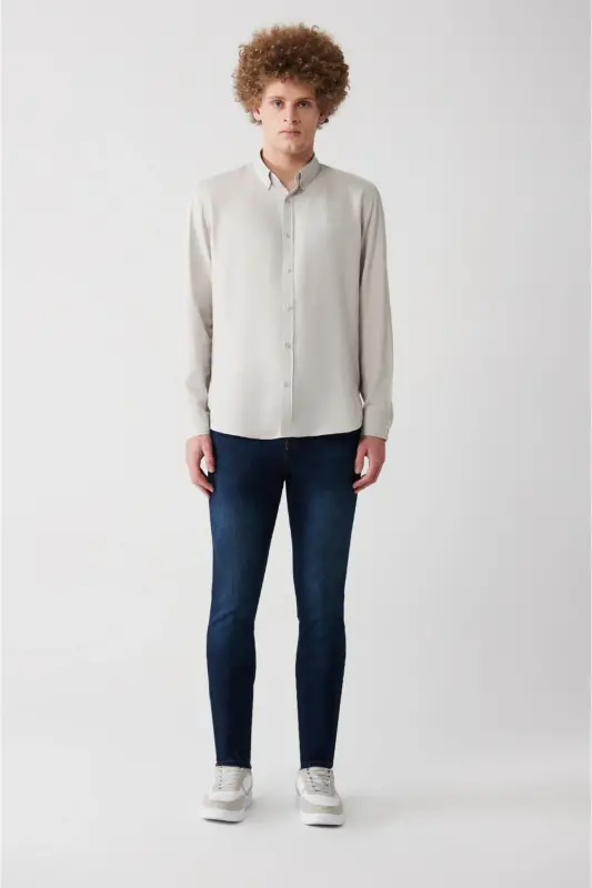 Erkak Slim Fit Ochiq Kulrang Tugmali Yoqali Zig'ir Aralash Ko'ylak B002001-Ochiq Kulrang - 5