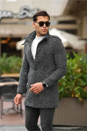 Erkak Slim Fit Tik yoqali uzun jun aralash ochiq naqshli palto-ochiq naqshli kulrang - 4