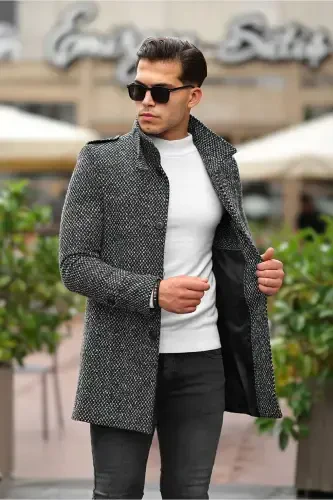 Erkak Slim Fit Tik yoqali uzun jun aralash ochiq naqshli palto-ochiq naqshli kulrang - 5