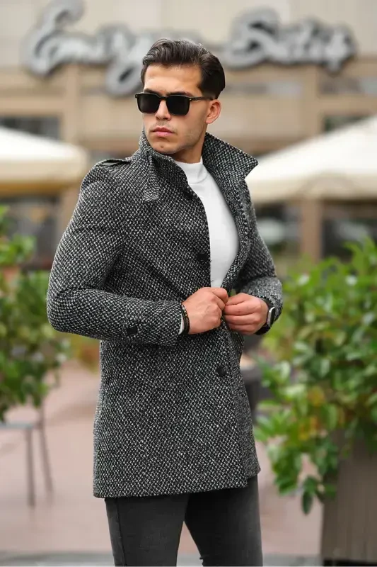 Erkak Slim Fit Tik yoqali uzun jun aralash ochiq naqshli palto-ochiq naqshli kulrang - 6