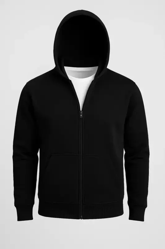 Erkak Slim Fit Triko 3 Ip Fermuarlı Polar Kardigan Qora-QORA - 2