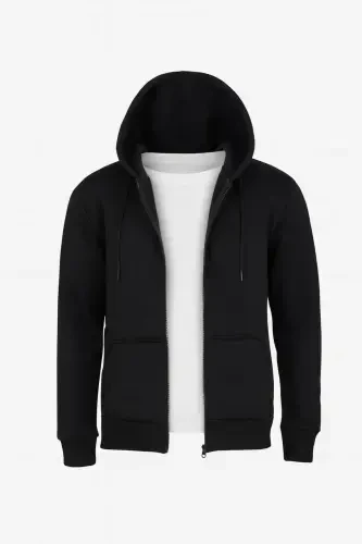 Erkak Slim Fit Triko 3 Ip Fermuarlı Polar Kardigan Qora-QORA - 3