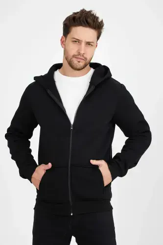 Erkak Slim Fit Triko 3 Ip Fermuarlı Polar Kardigan Qora-QORA - 4