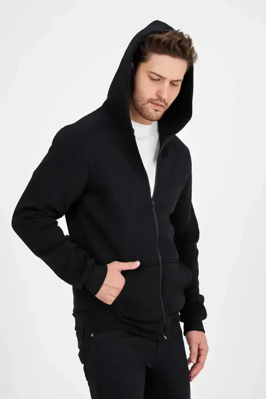 Erkak Slim Fit Triko 3 Ip Fermuarlı Polar Kardigan Qora-QORA - 5