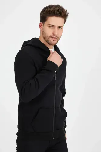 Erkak Slim Fit Triko 3 Ip Fermuarlı Polar Kardigan Qora-QORA - 6