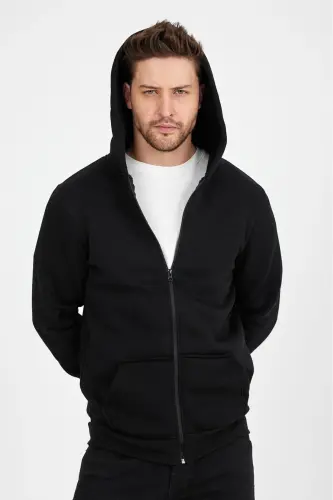 Erkak Slim Fit Triko 3 Ip Fermuarlı Polar Kardigan Qora-QORA - 3