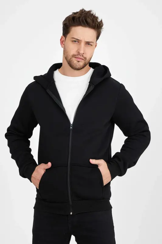 Erkak Slim Fit Triko 3 Ip Fermuarlı Polar Kardigan Qora-QORA - 5