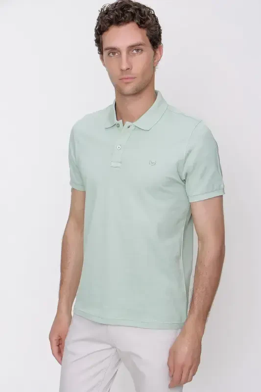 Erkak Suv Yashili Asosiy Tekis 100% Paxta Slim Fit Tor Qisqichli Qisqa Yengli Polo Yoqali Футболка - MORVEN