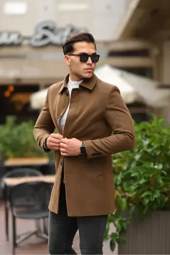 Erkak Taba Tor Ko'rinishli Yün Aralash Qashmir Ko'ylak Yoqali Palto Kabana-TABA - 3