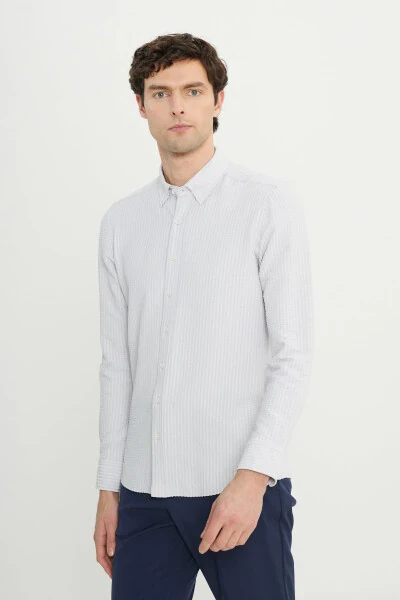 Эркак таш слим фит тор кесим тугмали ёка армюрли гофр нақшли кўйлак - 3