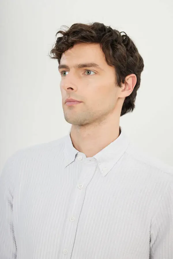 Эркак таш слим фит тор кесим тугмали ёка армюрли гофр нақшли кўйлак - 4