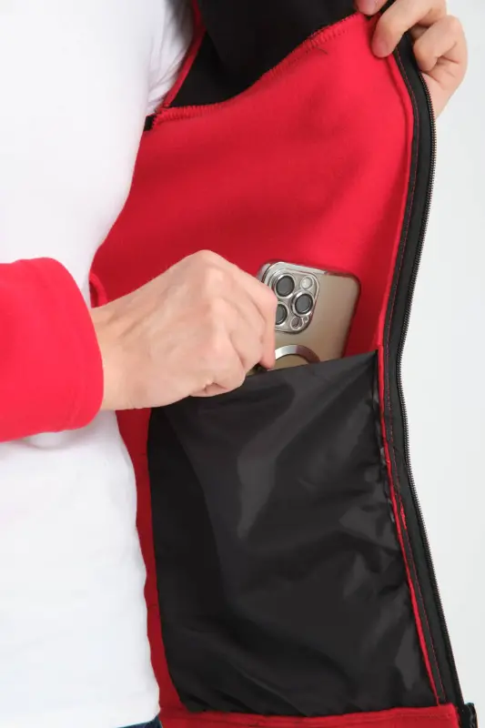 Erkak to'liq fermuarli softshell astarli polar svitshot, 3 cho'ntakli, ko'krak qismi suv va shamol o'tkazmaydi - qizil - 3