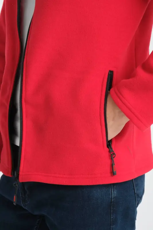 Erkak to'liq fermuarli softshell astarli polar svitshot, 3 cho'ntakli, ko'krak qismi suv va shamol o'tkazmaydi - qizil - 4