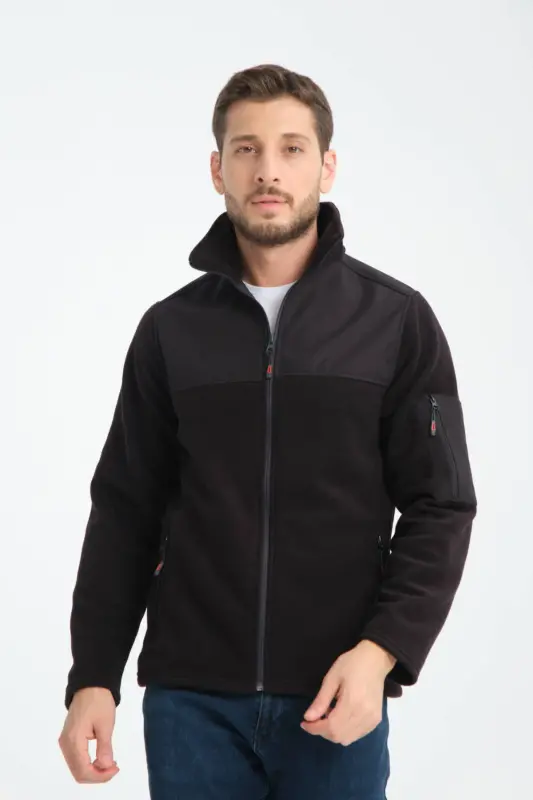 Erkak to'liq fermuarli softshell garnili polar svitshot 3 cho'ntakli ko'krak qismi suv va shamol o'tkazmaydigan-qora - 1