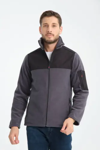 Erkak to'liq fermuarli softshell garnili polar svitshot 3 cho'ntakli ko'krak qismi suv va shamol o'tkazmaydigan-tutun rang 