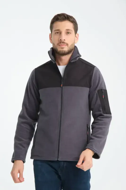 Erkak to'liq fermuarli softshell garnili polar svitshot 3 cho'ntakli ko'krak qismi suv va shamol o'tkazmaydigan-tutun rang - H&A İSTANBUL