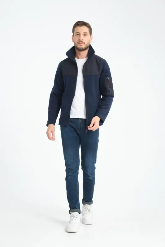Erkak to'liq fermuarli softshell jiletli polar svitshot, 3 cho'ntakli, ko'krak qismi suv va shamol o'tkazmaydi - to'q ko'k - 7