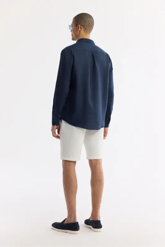 Erkak to'q ko'k Comfort Fit 100% Zig'ir Tugmali Yoqali Ko'ylak B002191-To'q ko'k - 4