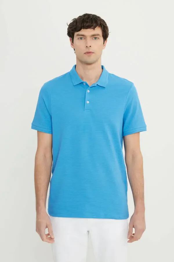 Erkak To'q ko'k Paxta Slim Fit Tor Kesim Polo Yaka Jakarlı Elastik Futbolka - 1