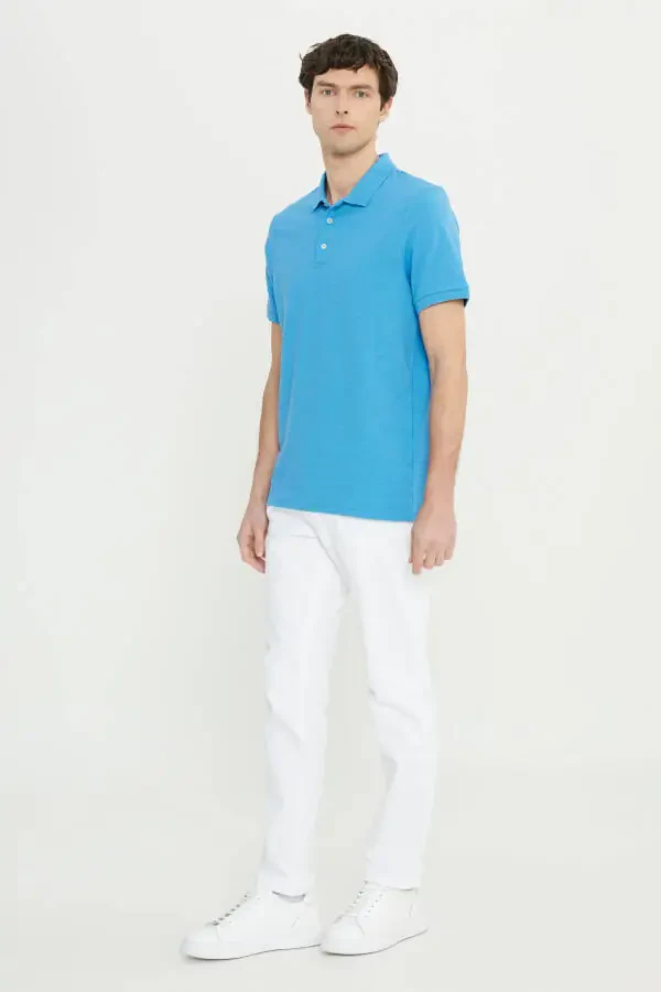 Erkak To'q ko'k Paxta Slim Fit Tor Kesim Polo Yaka Jakarlı Elastik Futbolka - 2