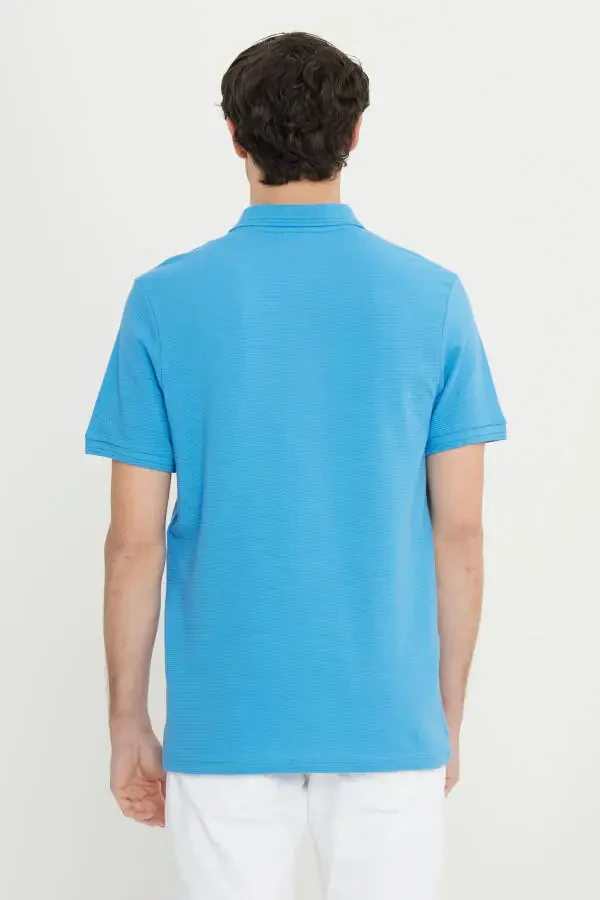 Erkak To'q ko'k Paxta Slim Fit Tor Kesim Polo Yaka Jakarlı Elastik Futbolka - 5