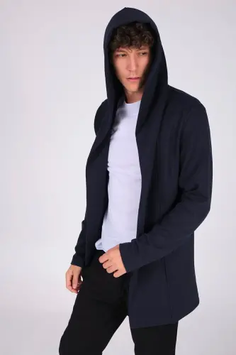 Erkak to'q ko'k regular fit kapyushonli uzun poncho kardigan - to'q ko'k - 3