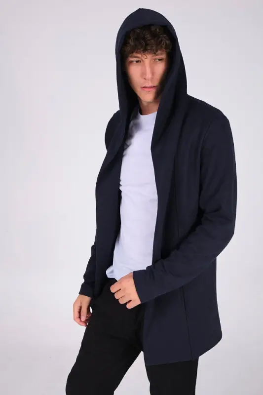 Erkak to'q ko'k regular fit kapyushonli uzun poncho kardigan - to'q ko'k - 3