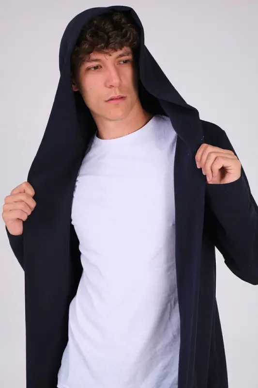 Erkak to'q ko'k regular fit kapyushonli uzun poncho kardigan - to'q ko'k - 4