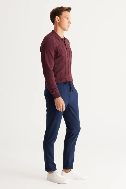 Erkak to'q ko'k slim fit qulay kesimli belbog'li yon cho'ntakli jogger shim - to'q ko'k - 6