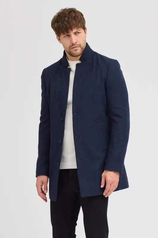 Erkak to'q ko'k slim fit tik yoqali kasha palto - to'q ko'k - 4