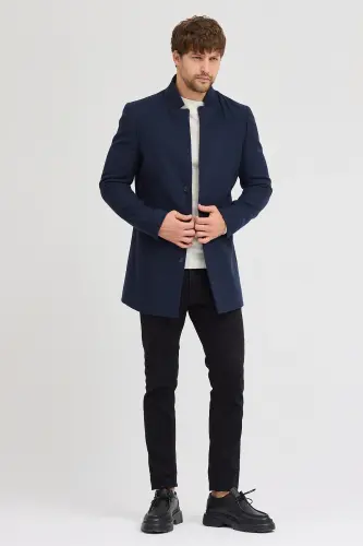 Erkak to'q ko'k slim fit tik yoqali kasha palto - to'q ko'k - 6