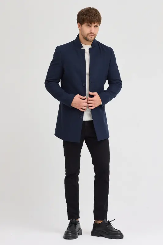 Erkak to'q ko'k slim fit tik yoqali kasha palto - to'q ko'k - 6