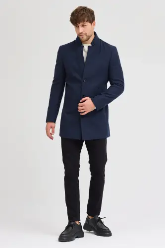 Erkak to'q ko'k slim fit tik yoqali kasha palto - to'q ko'k - 7